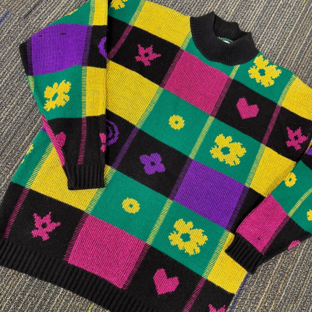 Milestone Vintage Sweater Womens M Multi Colorblock Heart Flower Lurex Excellent